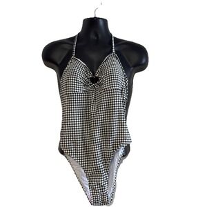 Betsey Johnson Gingham One Piece Swimsuit Women M Black White NEW Heart Cutout